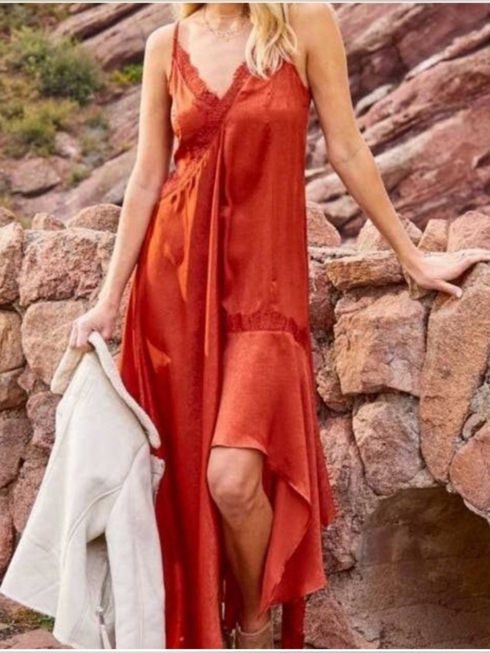 Altar'd State Rust High-Low Slip Dress with Lace